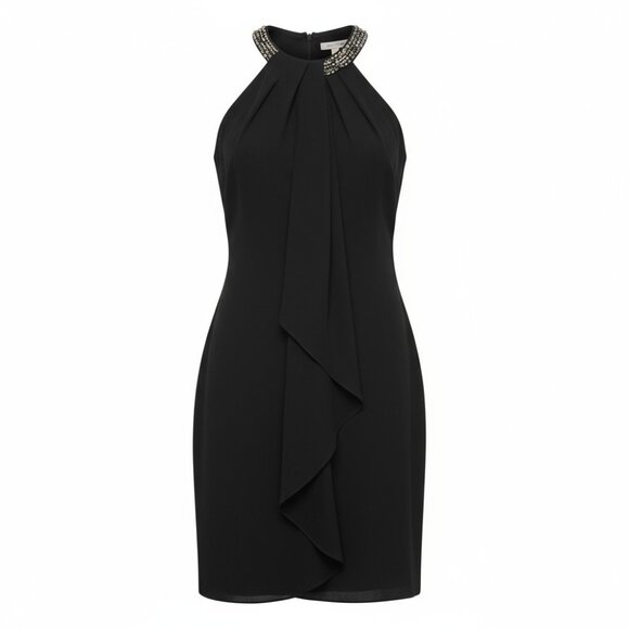 SLNY Women's Size 14 Black Bead Braided Halter Sleeveless Cascade Chiffon Dress - Picture 1 of 11